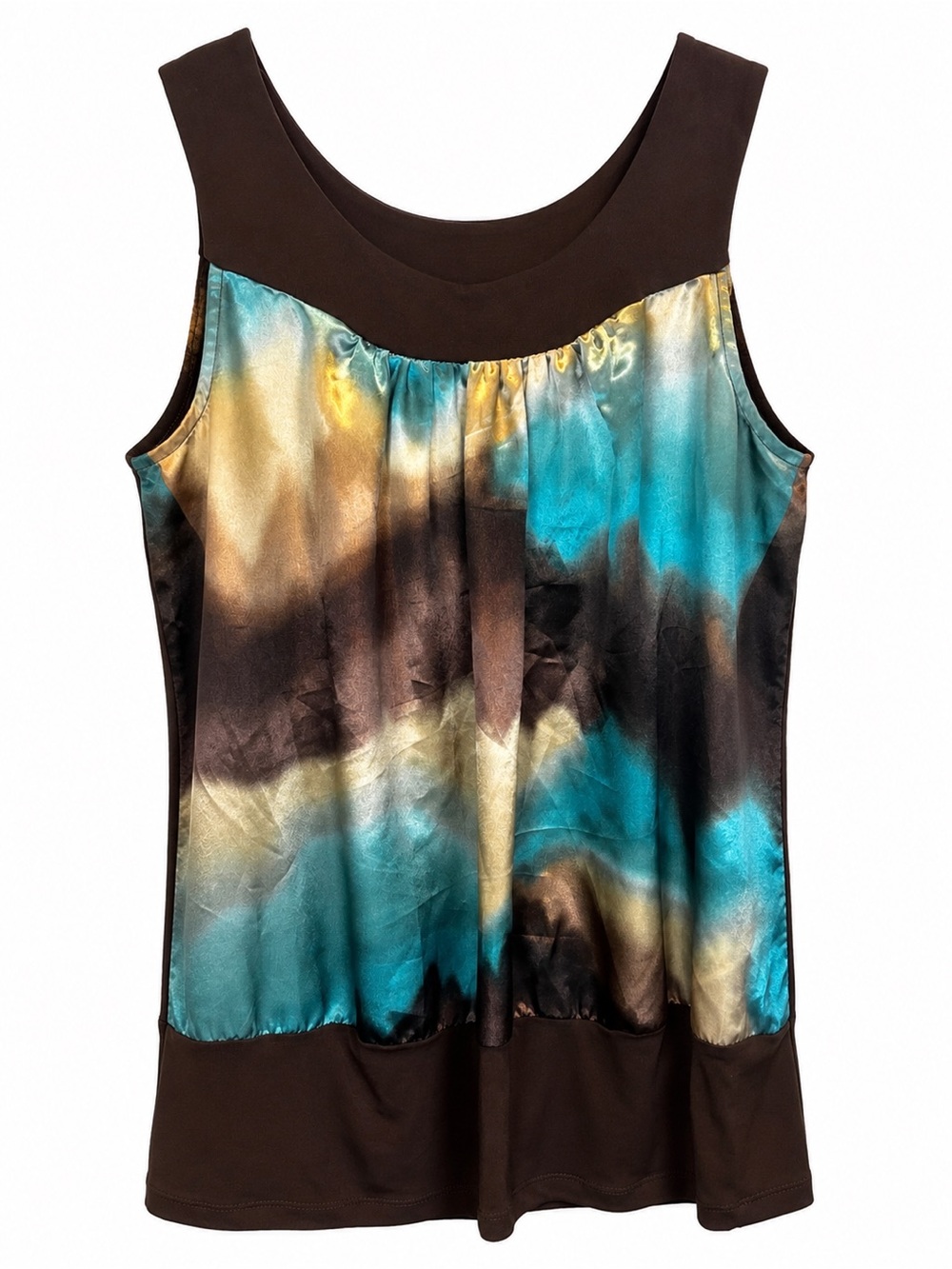 A Byer Women’s Large Sleeveless Satin Blouse Teal Brown Abstract Print BOHO Y2K
